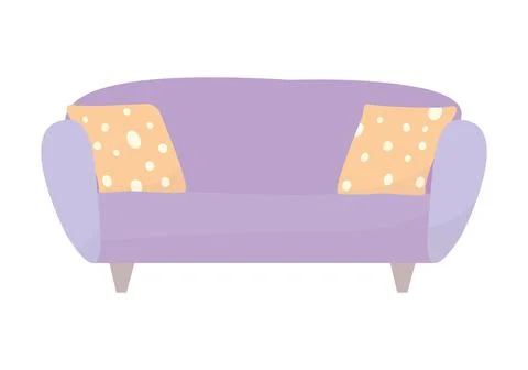 Simple purple retro sofa with pillows. Flat design. Minimalism. Stock Illustration