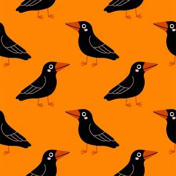 Simple raven crow hand drawn Halloween seamless pattern on orange background Stock Illustration
