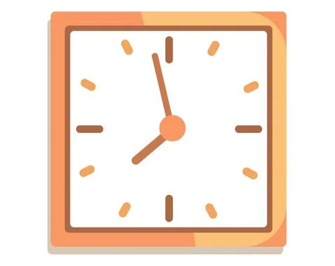 Simple realistic clock in yellow frame. Watch hanging on wall. Object for Stock-Illustration