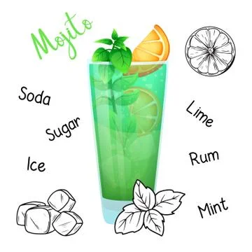 Simple recipe for an alcoholic cocktail Mojito. Vector Stock Illustration