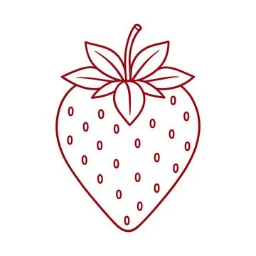 A simple red line of a single strawberry fruit with a green stem and leaves.. Stock Illustration