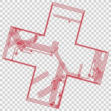 Simple red plus circuit pattern isolated PNG with transparent background Stock Photos