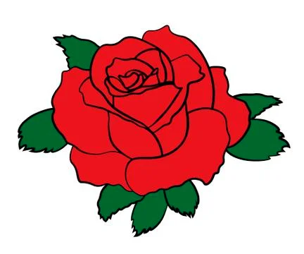 Simple red rose patch sticker with black stroke. Flower icon sign. Vector i.. Illustrazione stock
