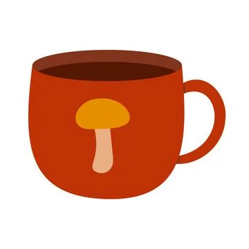 Simple Red Tea Cup with Mushroom Design for Beverage Decor Kitchen Flat Isolated Stock Illustration