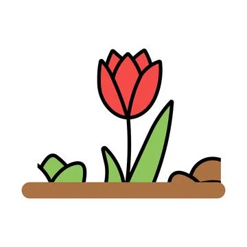 A simple red tulip grows beautifully in the soil patch over white background Ilustración de archivo