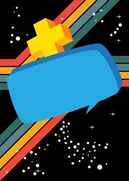 Simple retro 70s lines background with speech bubble and yellow plus sign. .. 库存插图