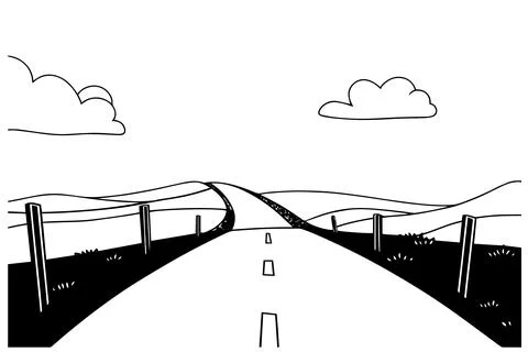 Simple road hand drawn ink sketch highway landscape. Engraved style vector Stock Illustration