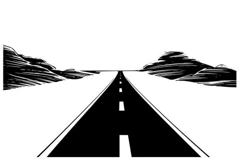 Simple road hand drawn ink sketch highway landscape. Engraved style vector Stock Illustration