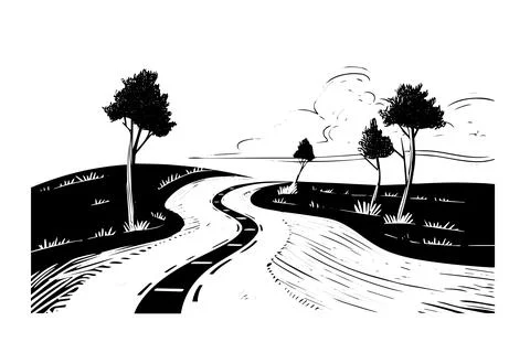 Simple road hand drawn ink sketch highway landscape. Engraved style vector Stock Illustration