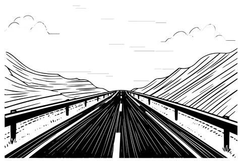 Simple road hand drawn ink sketch highway landscape. Engraved style vector Stock Illustration