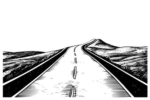 Simple road hand drawn ink sketch highway landscape. Engraved style vector Stock Illustration