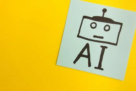 Simple robot drawing with acronym Ai on yellow background Stock Photos