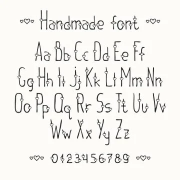Simple romantic hand drawn font with hearts. Complete abc alphabet set. Vector Stock Illustration