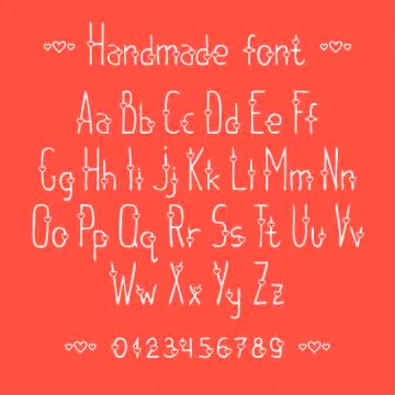 Simple romantic hand drawn font with hearts. Complete abc alphabet set. Vector Stock Illustration