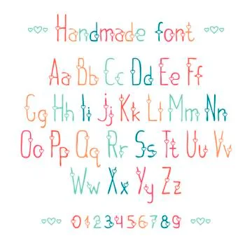 Simple romantic hand drawn font with hearts. Complete abc alphabet set. Vector Stock Illustration