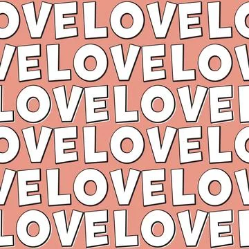 Simple romantic seamless pattern, pink heart on black background and text lov Stock Illustration