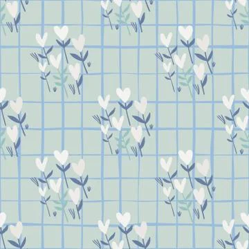 Simple romantic seamless pattern with white heart flowers. Soft blue backgrou Illustrazione stock