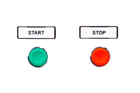 Simple round buttons green start beside red stop button. Beginning and ending Foto stock