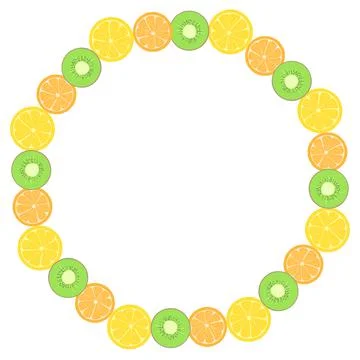 Simple round frame with fruits. Oranges lemons and kiwi in a circle. Vector. Stock Illustration