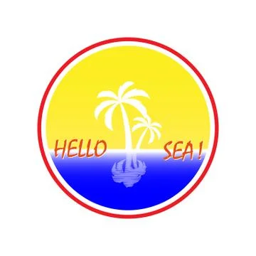 Simple round logo with palm tree inscription Hello Sea Stock Illustration