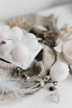 Simple rural Easter aesthetics. Natural eggs in tray, feathers, willow on r.. Stock Photos