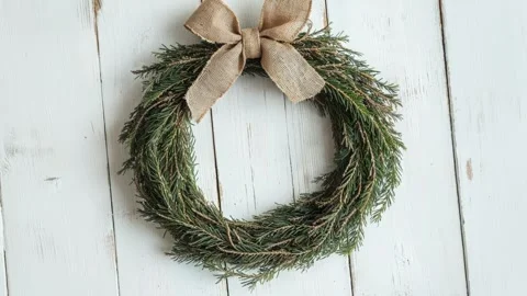 Simple Rustic Christmas Wreath With Burlap Bow on White Wooden Wall Stock Footage 294506288