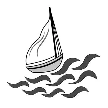 Simple sailing boat at the ocean. Hand drawn ship and waves icon Illustrazione stock
