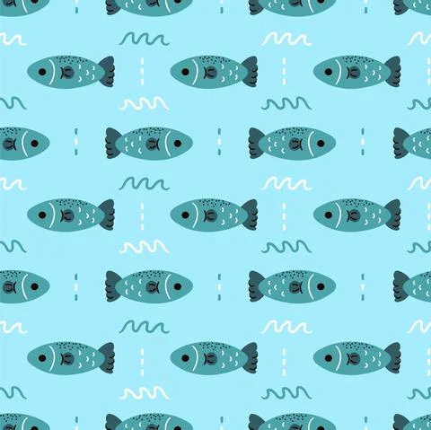 Simple salmon fish seamless pattern. Vector cartoon scandinavian minimalistic Stock Illustration