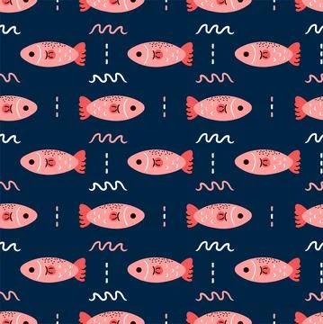 Simple salmon fish seamless pattern. Vector cartoon scandinavian minimalistic Stock Illustration