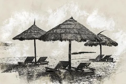 Simple scene with straw umbrella Illustrazione stock