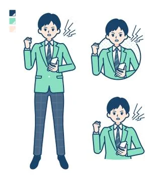Simple school boy Green Blazer smartphone-anger Stock Illustration