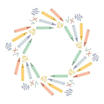 Simple school circle frame. Round school themed border made of different school Stock Illustration