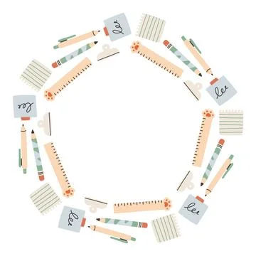 Simple school circle frame. Round school themed border made of different school Stock Illustration
