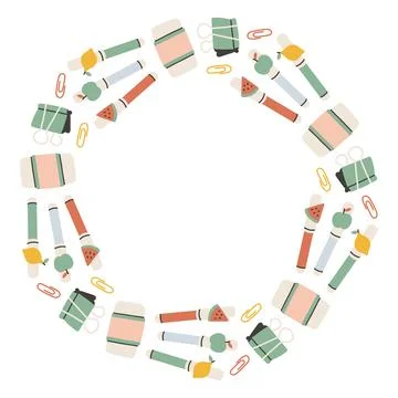 Simple school circle frame. Round school themed border made of different school Stock Illustration