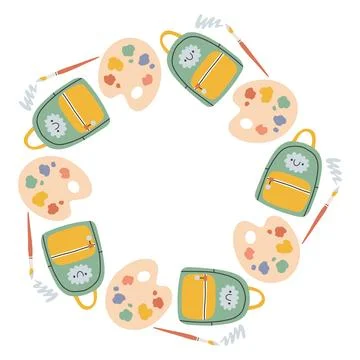 Simple school circle frame. Round school themed border made of different school Stock Illustration