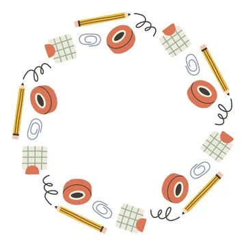 Simple school circle frame. Round school themed border made of different school Stock Illustration