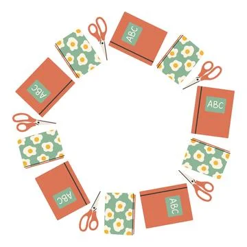 Simple school circle frame. Round school themed border made of different school Stock Illustration
