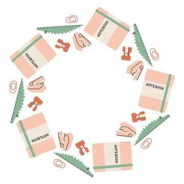 Simple school circle frame. Round school themed border made of different school Stock Illustration