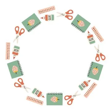 Simple school circle frame. Round school themed border made of different school Stock Illustration