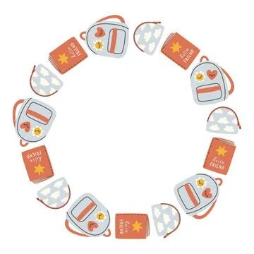 Simple school circle frame. Round school themed border made of different school Stock Illustration