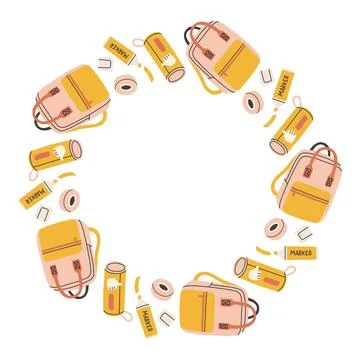 Simple school circle frame. Round school themed border made of different school Stock Illustration