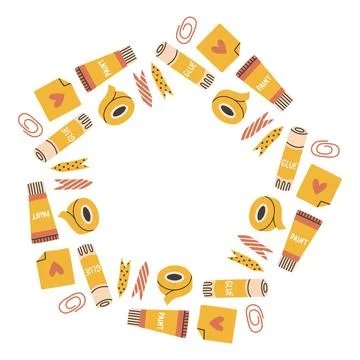 Simple school circle frame. Round school themed border made of different school Stock Illustration