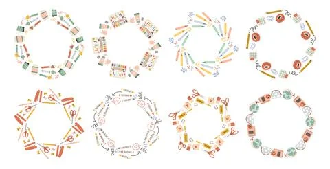 Simple school circle frame set. Round school themed border made of different Stock Illustration