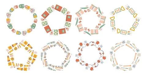 Simple school circle frame set. Round school themed border made of different Illustrazione stock