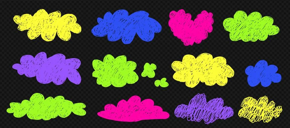 Simple scribble vibrant clouds set. Cute and kawaii elements collection on 스톡 일러스트