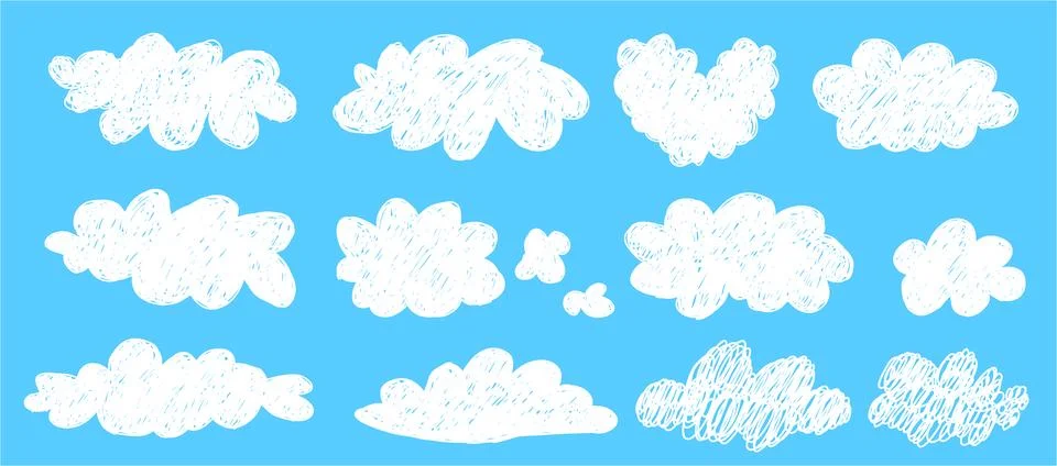 Simple scribble white clouds set. Cute and kawaii elements collection on blue bg 스톡 일러스트