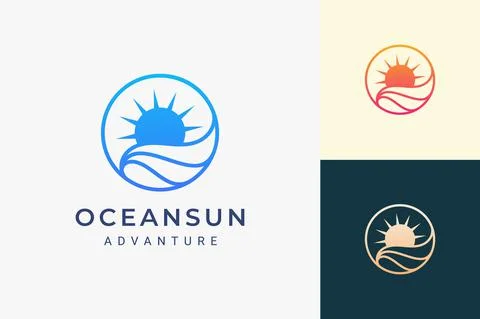Simple sea or surf logo with ocean wave and sun in circle shape Stock Illustration