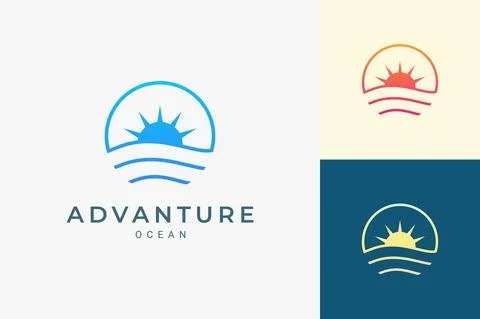 Simple sea or surf logo with ocean wave and sun in circle shape Stock Illustration