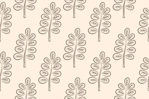 Simple seamless autumn pattern with acacia leaf in line art style. Design for Illustrazione stock