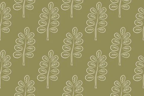 Simple seamless autumn pattern with acacia leaves in line art style. Design for Stock Illustration